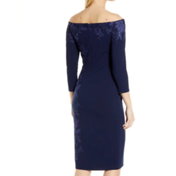 TADASHI SHOJI EMBROIDERED OFF THE SHOULDER 3/4 SLEEVE ROYAL NAVY SHEATH DRESS M - Picture 2 of 7